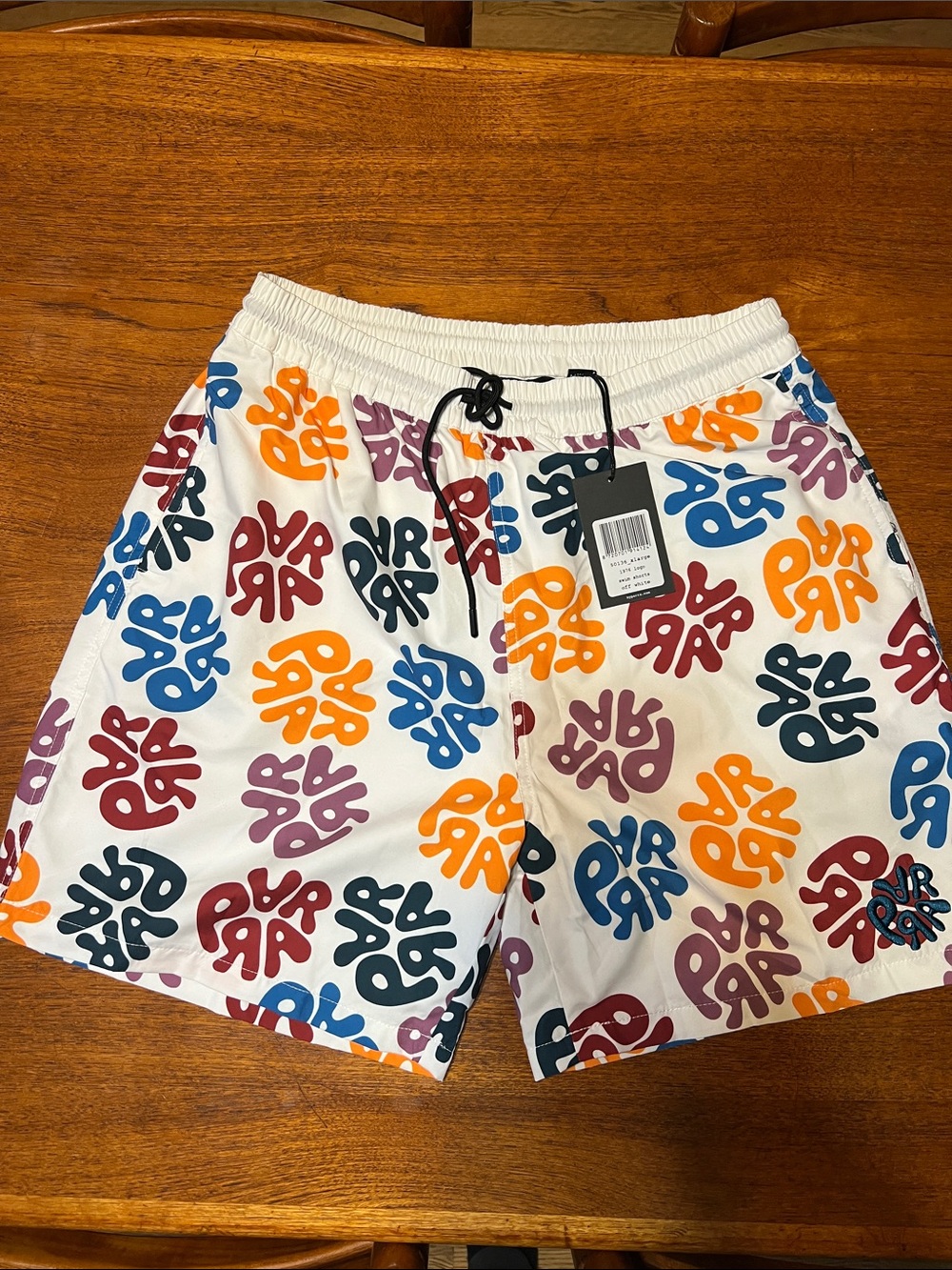 White Multi-Color Graphic Print Swim Trunks
